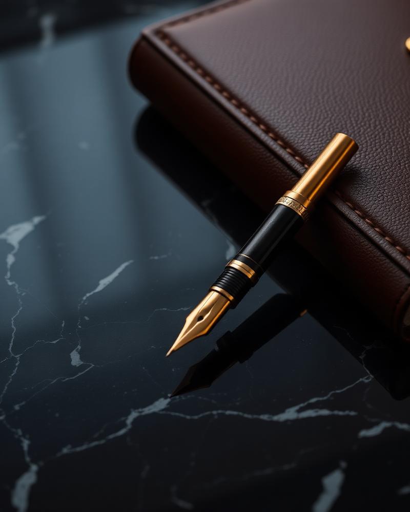 A leather-bound diary and gold fountain pen resting on dark marble